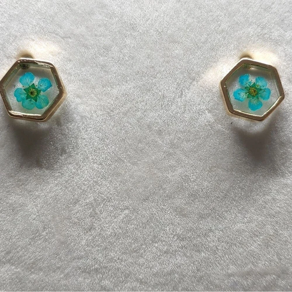 Earrings Rose Gold Color Hexagon w/ Dried Teal Flo